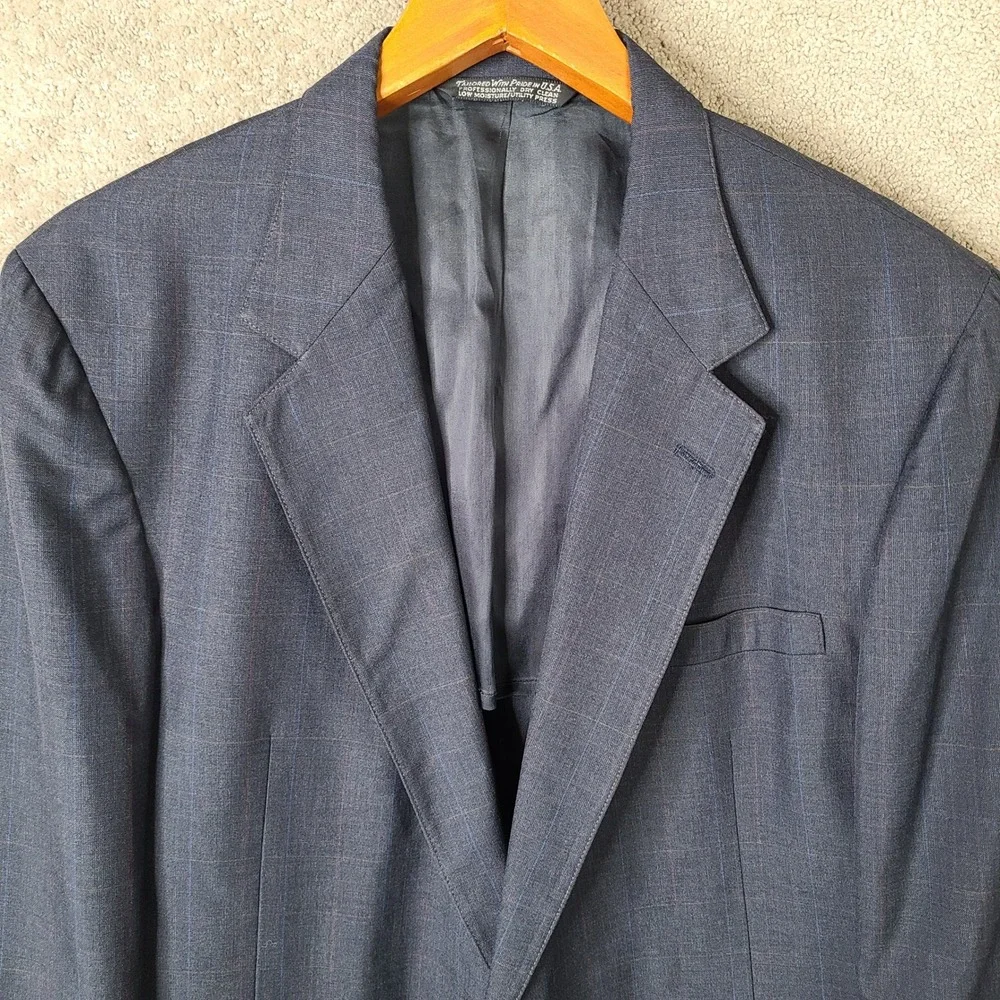 Vintage Christian Brooks Jacket Mens 46L Blue Plaid Blazer Two Button Wool Coat